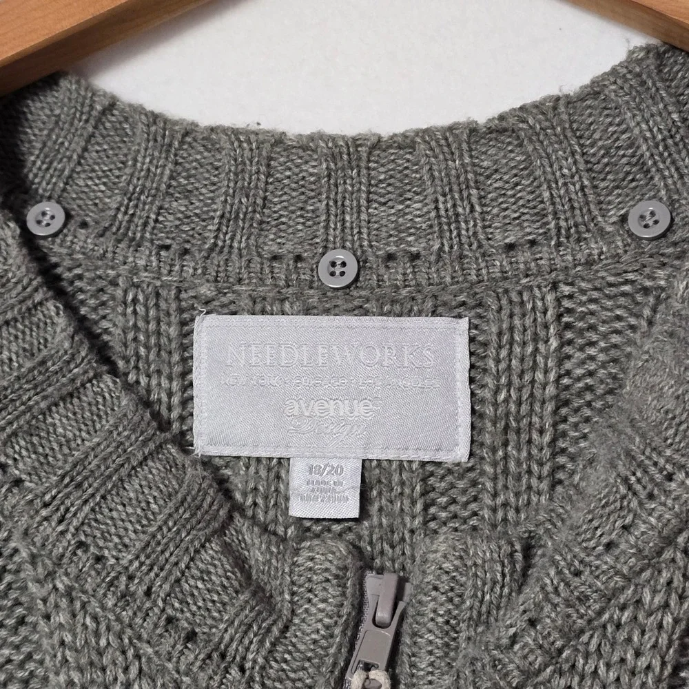 Needleworks Cable Knit Cardigan Sweater Gray Tie Waist Pockets Womens Plus 18/20
